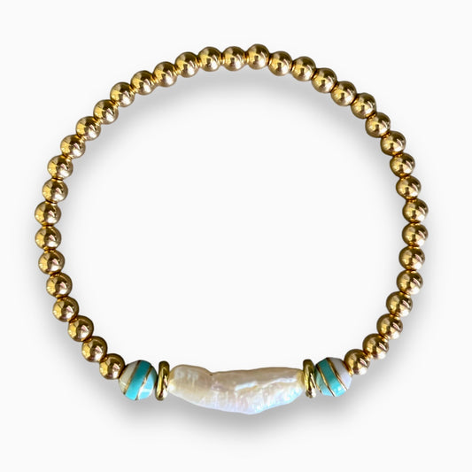 Pearl and Blue Enamel gold filled Beaded Bracelet