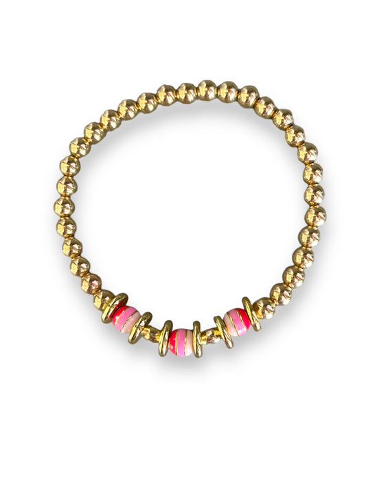 Pink Enamel & Gold Bead Bracelet