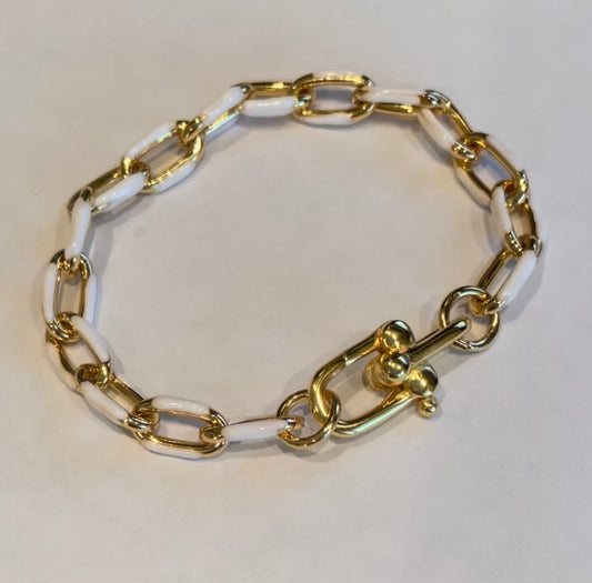 White enamel and gold filled cable link bracelet